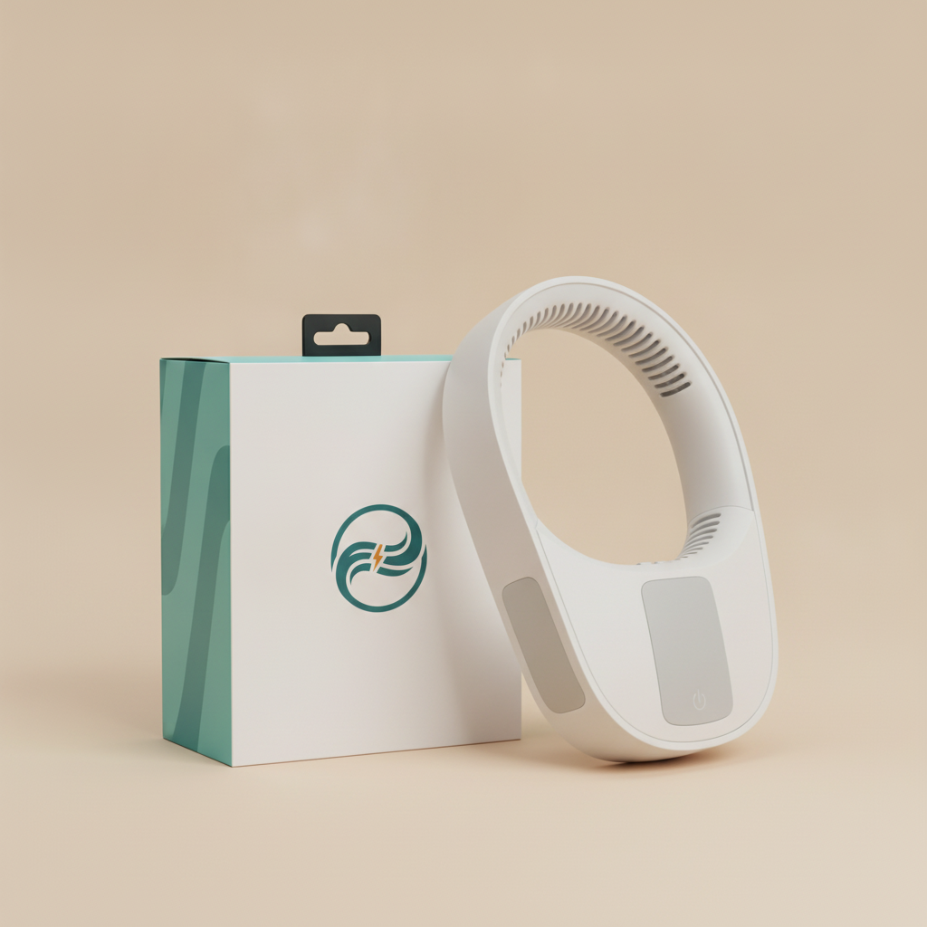 LoadBreeze hands-free rechargeable neck fan leaning against branded box